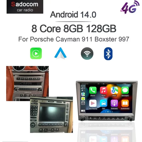 Grauer 720P CarPlay 8' Android 14.0 Auto-DVD-Player 8-Kern 4GB DSP Multimedia GPS Autoradio für Porsche 911 997 987 Cayman Boxster