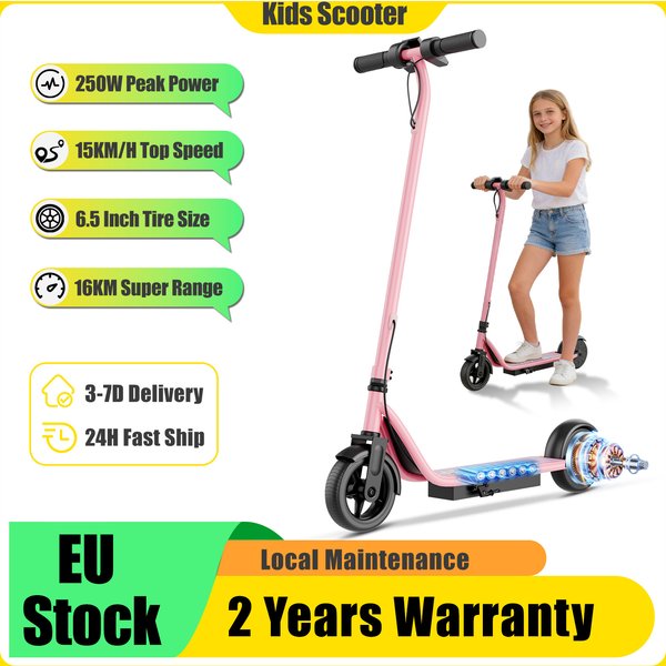 JUICEASE Elektroroller für Kinder, Doppelbremse, rosa-schwarz, 15 km/h, 4,4 Ah Kapazität, 250 W, besonderes Kindergeschenk