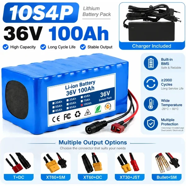 36V 100Ah Lithium-Ionen-Akkupack 10S4P 3600Wh Hochkapazitäts-Wiederaufladbarer Li-Ionen-Akku mit Smart-BMS-Ladegerät für E-Bike, E-Scooter und Solarenergiespeicherung