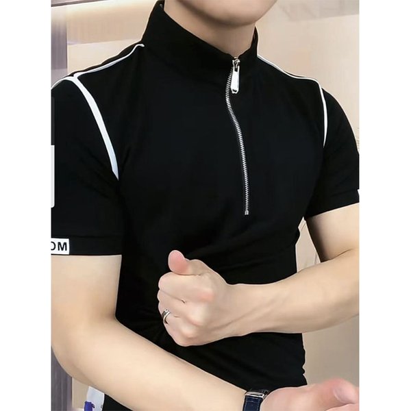 Trendiges Herren-T-Shirt mit kurzen Ärmeln, Stehkragen, Reißverschluss vorne und Schulter, Kontrast-T-Shirt, Poloshirt, leicht, luxuriös, Sommer, Mintfarben