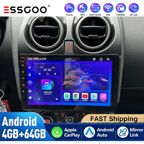 ESSGOO 4+64G Für Nissan Qashqai J10 2006-2013 Wireless CarPlay Android Auto-Multimedia-Videoplayer GPS RDS WiFi BT DAB+ Kamera