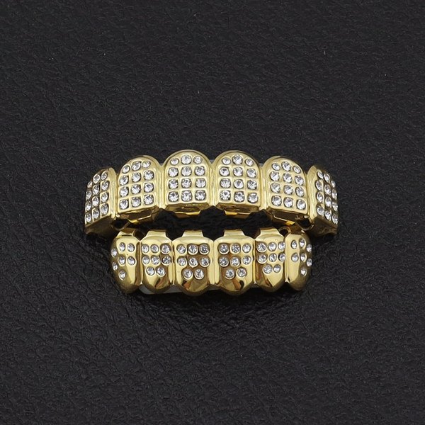 Ensemble de broches dentaires en cuivre doré style hip-hop avec diamants blancs pour hommes et femmes, accessoires de déguisement d'Halloween, bijoux dentaires.