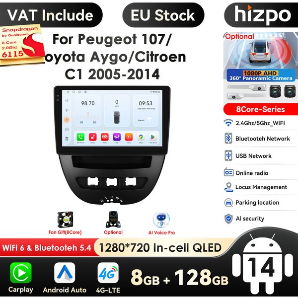 Autoradio Android avec Écran Intelligent, Lecteur Vidéo pour KIT 107, Toyota Aygo, Cristaux en C1, GPS, Carplay Auto, 4G RDS, 2Din