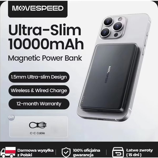 【CCC】MOVESPEED S10 Magnetyczny Power Bank 10000mAh Szybkie Ładowanie Przenośna Zewnętrzna Bateria Mini Bezprzewodowy Powerbank do iPhone 17 Samsung