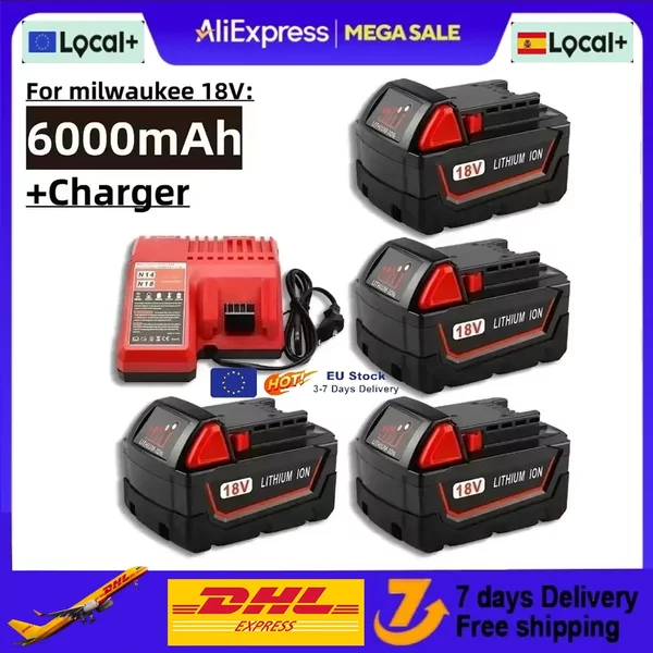 Für Milwaukee M18 Elektrowerkzeug-Akku, Ladegerät, BR, XC, 18V, 6000mAh M18B5, 48-11-1860, eingebauter 18650-Akku