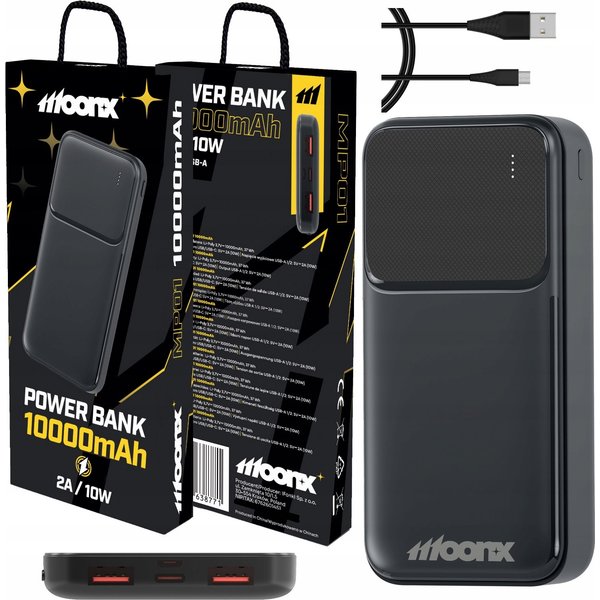MOONX 10000mAh Power Bank Z Szybkim Ładowaniem 10W, 2x USB, Przenośna Ładowarka O Dużej Pojemności Z Kablem USB