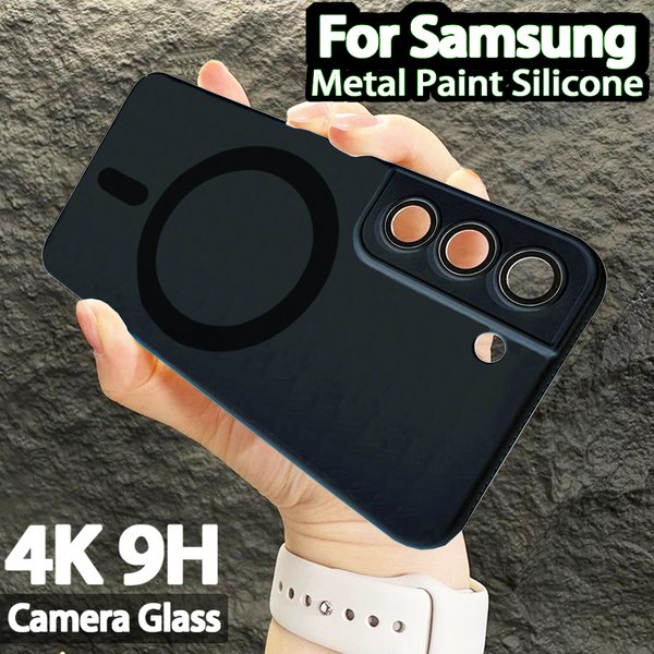 Étuis de téléphone silicone de peinture métallique d'origine pour magsafe coque samsung galaxy s21 fe s22 plus s23 ultra luxe protection de l'appareil photo en verre 4K