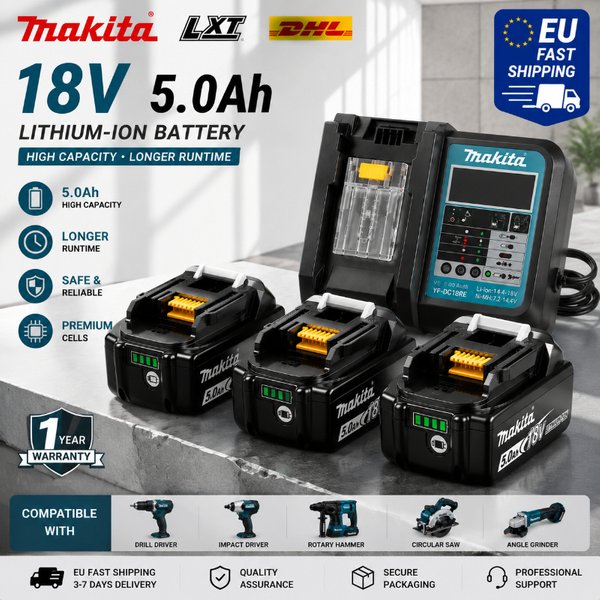 EU Warehouse Makita 18V 5.0Ah Battery BL1850B BL1860B LXT Compatible Li-ion Power Tool Battery for Drill Grinder Saw Fast Shipping in Europe