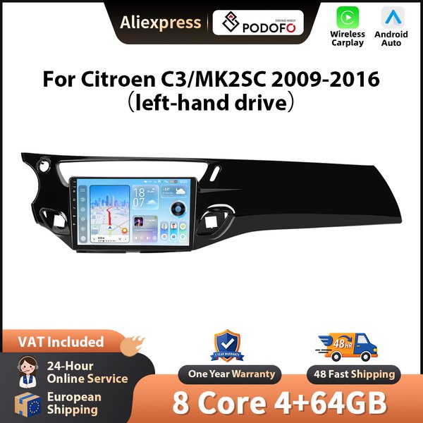 Podofo Autoradio für Citroën C3/MK2SC 2009-2016, kabelloses CarPlay für Apple Android Auto, Autoradio, GPS-Navigation, FM, WiFi, BT, Stereo, RDS, EQ, Head Unit