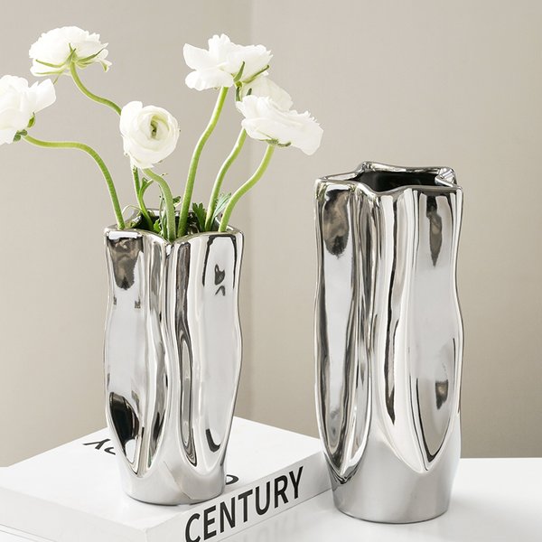 Vase en céramique argenté galvanisé de luxe, Arrangement de fleurs, Vase hydroponique en porcelaine irrégulière, ornement, décoration artistique intérieure