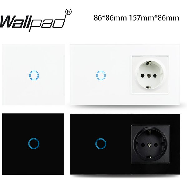 Touch Light Switch With EU Power Wall Sockets White Black 300W Led 1 Gang 1 Way Crystal Glass Panel Interruptor 157mm*86mm