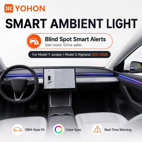 Barre lumineuse ambiante intelligente YOHON pour Tesla Model Y 3 2021-2026, avertissement d'angle mort, alerte de survitesse, bande LED RGB, accessoires intérieurs