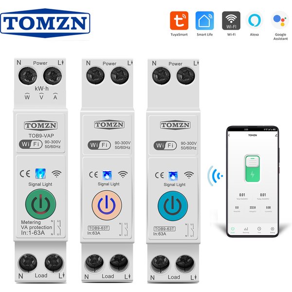 TOMZN 63A 1P+N Interrupteur intelligent WIFI avec compteur d'énergie kWh, surveillance, minuterie, relais MCB, protection contre les surtensions et les surintensités TUYA Smartlife