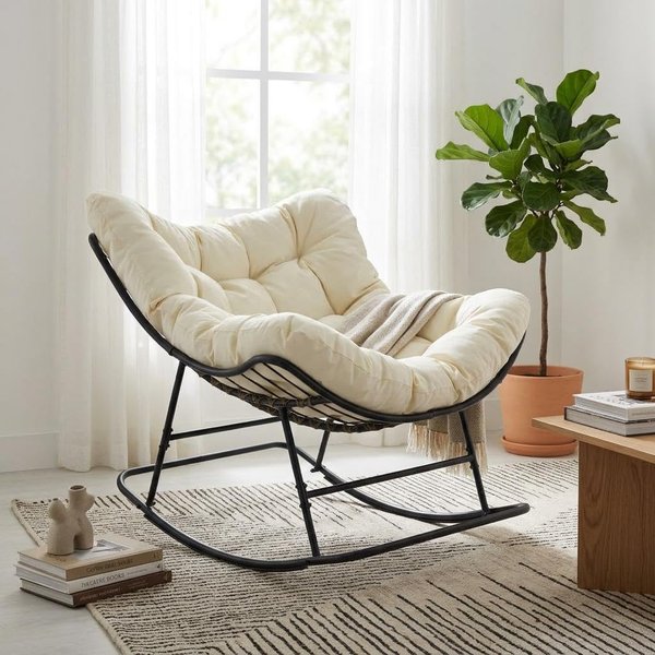 Fauteuil à bascule surdimensionné en forme d’œuf, avec coussin épais, supportant jusqu’à 200 kg, fauteuil à bascule d’extérieur pour balcon, véranda, jardin.
