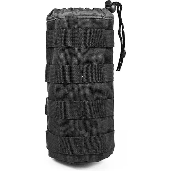 Schwarze taktische Wasserflaschentasche, multifunktionales Outdoor-Nylon-Lochdesign mit verstellbarem Kordelzug für Molly-System und Ausrüstung.