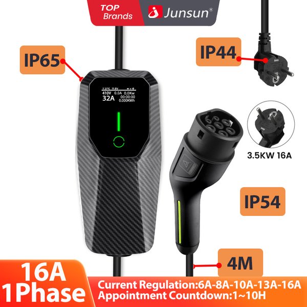 Ładowarka Junsun Type 2 EV IP65 Szybka 3.6KW/7KW/11KW/22KW 6A/8A/10A/13A/16A/20A/24A/32A Regulowana Przenośna Stacja Ładowania Pojazdów Elektrycznych z Dotykowym Sterowaniem, Ładowaniem na Czas,