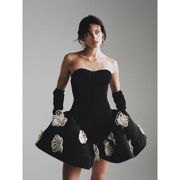 Sexy Strapless Florals Ball Gown Mini Bandage Dress Women Black Sleeveless Backelss Flower Mini Dresses Cocktail Party Gowns