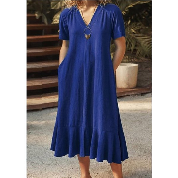 New European and American Women's Solid V-Neck Lace Up Short Sleeve Cotton Hemp A-line Long Dress