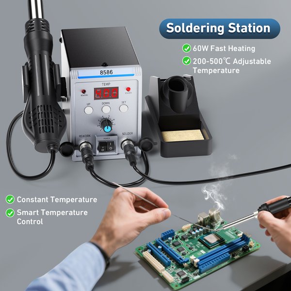 8586 2-in-1 Löt- und Reparaturstation, Digitale Heißluftpistole & Lötkolben-Set, Einstellbare Temperatur, Schlafmodus, SMD-Lötstation für Leiterplattenreparatur