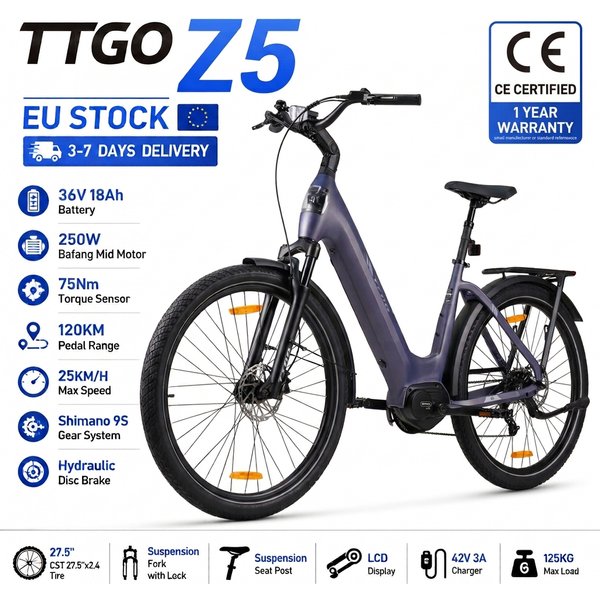 TTGO Elektrofahrrad Bafang Mittelmotor 75 Nm Drehmomentsensor E-Bike 250W 25 km/h 36V18Ah Batterie 27,5" Reifen Hydraulische Bremse LCD-Display Elektrofahrrad