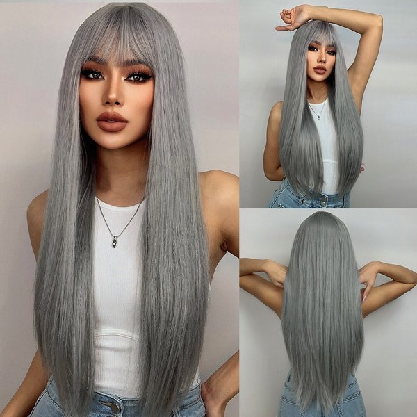 HAIRCUBE Long Grey Straight Wig With Bangs Heat Resistant Synthetic Wigs For Women Daily Use Natural Hair Cosplay Wig