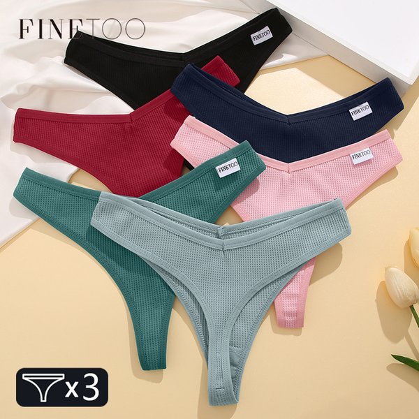 FINETOO Damen-Tangas aus Baumwolle, 3-teilig, bequem, Waffel-G-String, weiblich, niedrige Leibhöhe, T-Rücken, Unterwäsche, S-XL, Bikini-Unterhose, Dessous