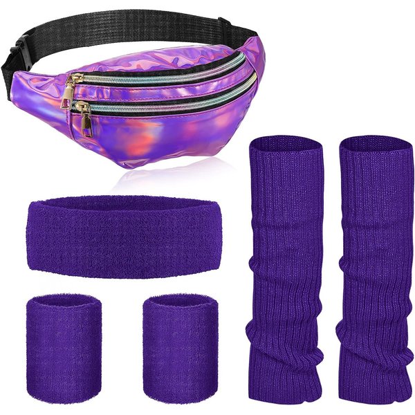 PESENAR Ensemble de jambières néon pour femmes des années 80, portefeuilles holographiques, bandeau et bracelet tricotés chauds, convient pour le yoga, la course et la randonnée.