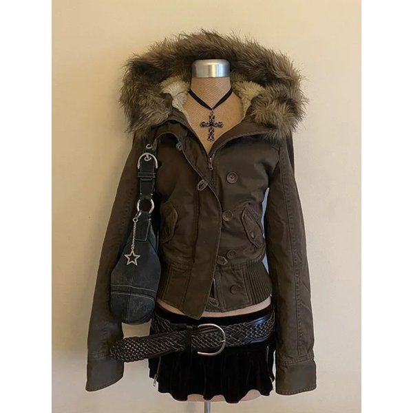 Damskie płaszcze z imitacji futra w stylu retro na wiosnę 2026, kurtki w stylu amerykańskim vintage z lat 2000, odzież Harajuku Gothic Punk, jeansowe parki, odzież wierzchnia damska
