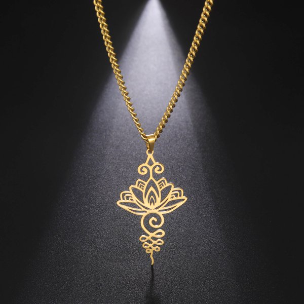 Skyrim Unalome Lotus Flower Pendant Necklace Stainless Steel Gold Color Chain for Women Yoga Buddhism Spiritual Jewelry Gift