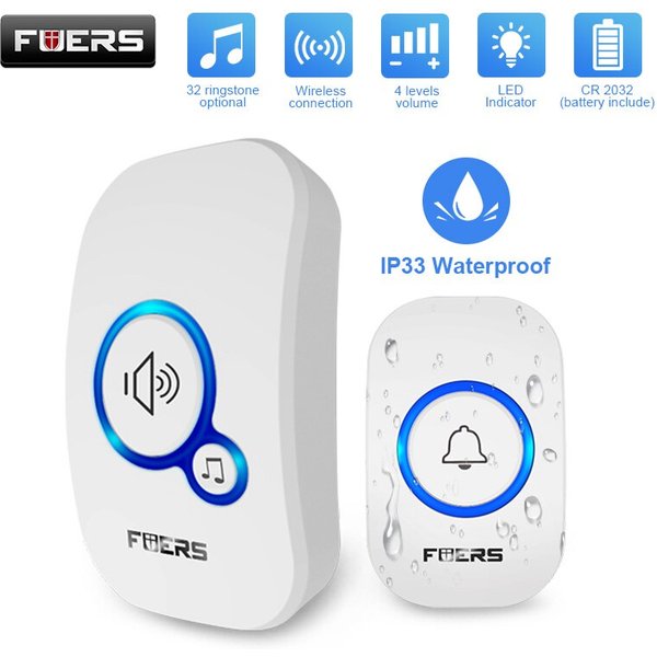 Fuers-Sonnette de porte sans fil étanche, alarme intelligente avec batterie pour PRHotel, 32 chansons, bienvenue à la mode