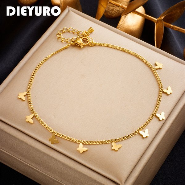 DIEYURO 316L acier inoxydable couleur or papillon bracelets de cheville pour femmes fille nouvelle tendance jambe chaîne ne se décolore pas bijoux cadeau fête