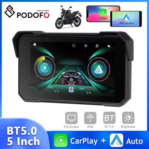 Podofo 5'' IPS Bildschirm Motorrad Carplay Android Auto Tragbare Smart Player IP68 Wasserdichte Bluetooth Reifendruck Erkennung