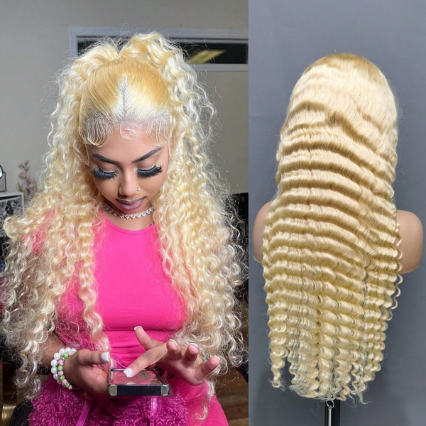 Perruque frontale en dentelle 13x6 HD transparente, cheveux humains brésiliens, couleur blonde 613, ondulation profonde, pré-colorée, pré-épilée, nœuds pré-blanchis, pour femmes.