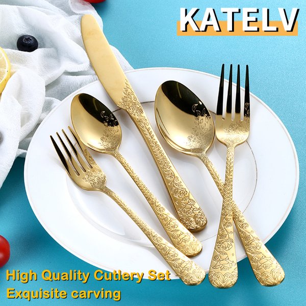 High Quality Cutlery Set Handle Exquisite carving Stainless Steel Golden Tableware Knife Fork Spoon Flatware Set Silverware Set
