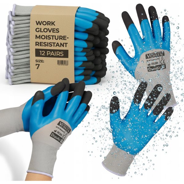 Gants de travail imperméables gris-bleu, 12 paires, revêtement en latex moussé, tricot de polyester, barrière de protection, bouts des doigts noirs, adhérence texturée rugueuse, pour la construction,