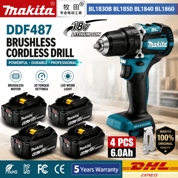 Original Makita 18V Akku-Bohrschrauber DDF487 Bürstenloser Hochleistungs-Bohrschrauber-Set + BL1860B BL1840 Lithium-Akku 6,0Ah Elektrowerkzeug-Set EU-Lager Schnelle Lieferung