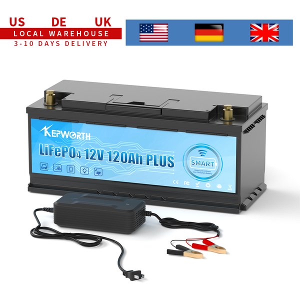 KEPWORTH 12V 120Ah LiFePO4 Smart-Batterie mit 120A BMS, für Wohnmobile, Marine, Solar, Off-Grid, Trolling-Motor - Deutschland Lager