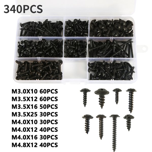 Self Tapping Screw Set Pan Head Tapping Screw Cross Head M3/M4/M3.5/M4.8 Assortment Kit Black Furniture Carbon Steel