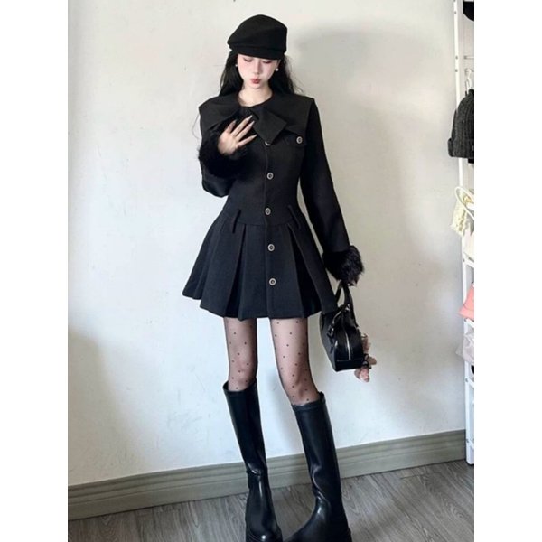 Gothic Y2k Hot Girl Neuer Wollmantel für Damen, Design mit Schleife, Spitze, tiefem Ausschnitt, dunkel, Kleid, Anzug, Damen, Vintage, Puffärmel, Cardigan