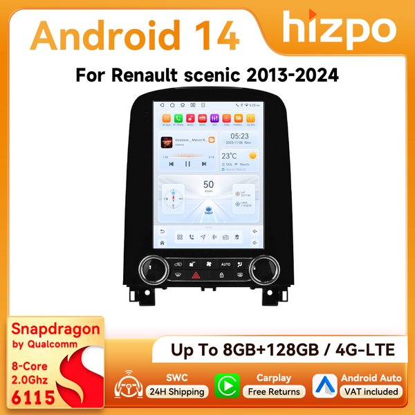 9,7-Zoll Hizpo CarPlay Android Autoradio für Renault Scenic 2013 - 2024 Tesla-Stil Bildschirm RDS DSP GPS 4G BT 360 ° CAM Snapdragon 6115