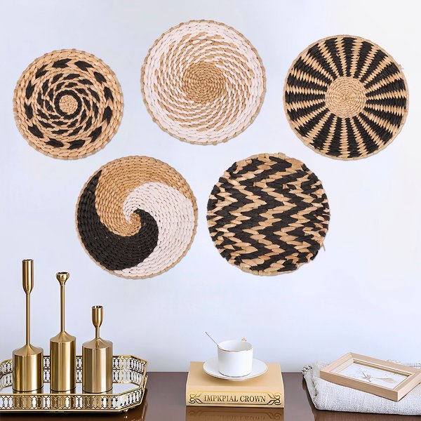 Ensemble de paniers muraux en rotin tissé, décor mural fait à la main, art naturel, service d'escalier, 5 pièces