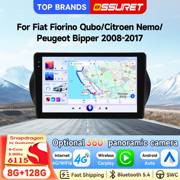 OSSURET GPS 2 Din 10,1'' Android 15 Autoradio für Fiat Fiorino Qubo/Citroen Nemo/Peugeot Bipper 2008-2017, Intelligentes Display, Kabelloses CarPlay, Android Auto, SWC, DSP-Audio, 4G, WLAN, Bluetooth,