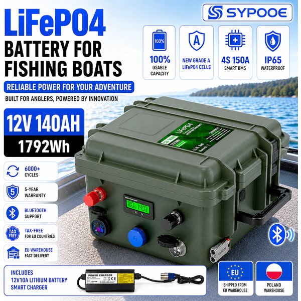 LiFePO4 Batterie 12V 100Ah 140Ah 200Ah 1792Wh für Angelboot, Trolling Motor, Fischfinder und Schlauchboot, Bluetooth BMS, Grade-A-Zellen, IP65 Wasserdicht, 6K Zyklen, USB QC PD, Tragbare Lithium