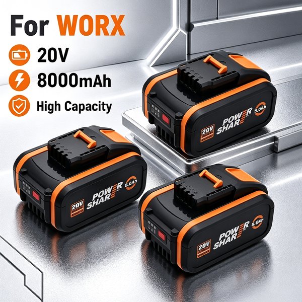 Batterie 20V 8000mAh pour perceuse/visseuse sans fil Worx ; compatible avec les modèles Worx WA3553, WA3572, WA3551, WA3014, WA3516, WA3549.