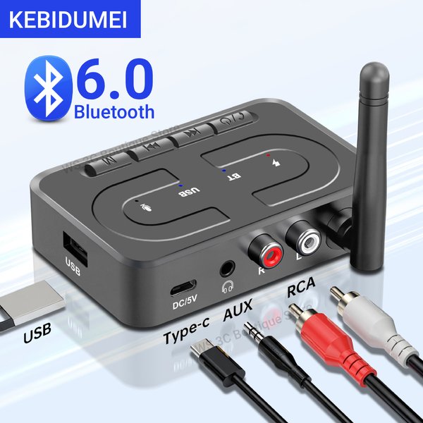 Bluetooth 6.0 Audio-Empfänger USB U-Disk Musik-Wireless-Adapter mit HD-Mikrofonantenne 3,5mm AUX RCA HIFI Stereo für Auto-Lautsprecher und Verstärker