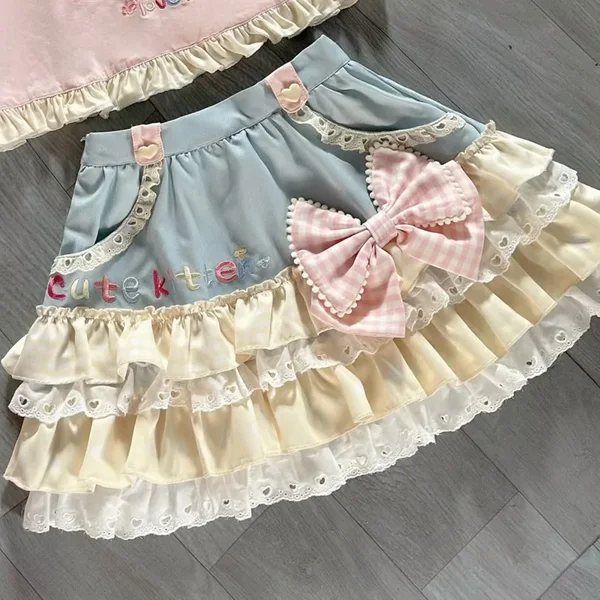 Y2K JK Lolita Japan Kawaii Mädchen süße süße Spitze T-Shirt Lolita Print Tops Schleife Kuchen Bluse A-Linie gespleißt Kuchen Rock New Chic
