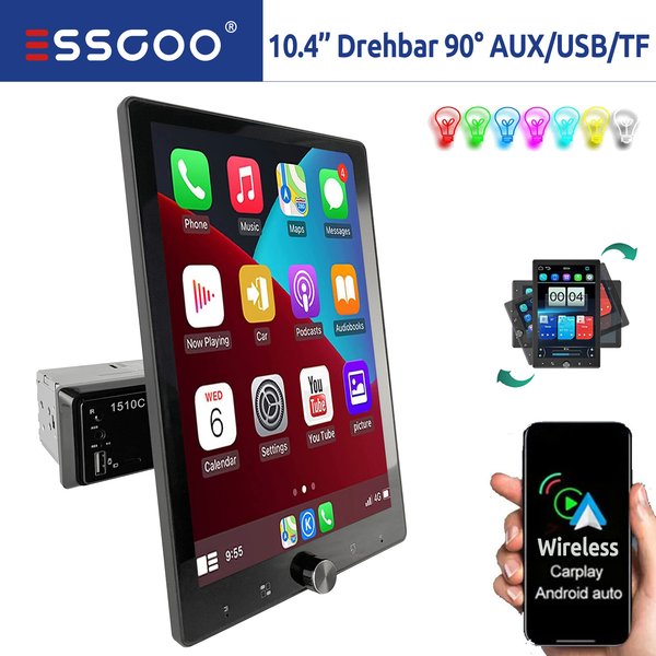 ESSGOO 10,4 Zoll Rotierbares 90° IPS Touchscreen Einzel 1 DIN Autoradio Drahtloses Apple Carplay Android Auto USB AUX TF FM Bluetooth Mirror Link Lenkradsteuerung Touchscreen