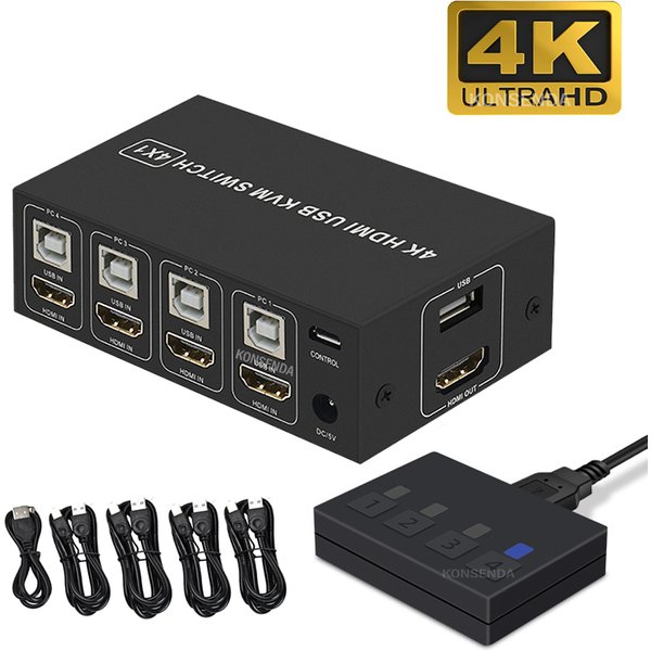 4K HDMI KVM Switch 4 in 1 out 4K 60Hz HDMI USB KVM Switcher 4x1 for 4 PC Share Monitor Mouse Keyboard with Desktop Controller