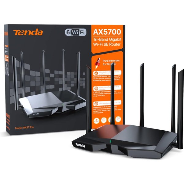 Tenda RX27 Pro AX5700 Tri-Band WiFi 6E Router 5665Mbps 6GHz Gigabit Mesh Router VPN IPTV WPA3 IPv6 OFDMA MU-MIMO 160MHz Broadcom 1,7GHz Quad-Core Prozessor 5x6dBi Hochleistungsantennen Beamforming AP