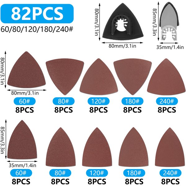 82 pièces disques abrasifs crochet boucle papier de verre multi-outil 60/80/120/180/240 grains ponçage papier de verre pour Fein Bosch Dremel Makita